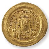 Justynian I, cesarz bizantyjski (527-565), przedstawiony na monecie