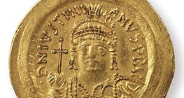 Justynian I, cesarz bizantyjski (527-565), przedstawiony na monecie
