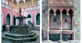 Głównymi atrakcjami odrestaurowanego zamku w Wyszehradzie są fontanna z czerwonego marmuru i fontanna z lwami.